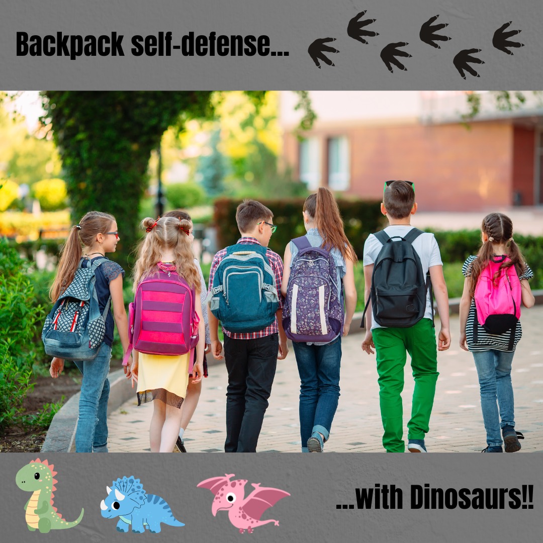 School graphic of children walking with backpacks, titled backpack self-defense with dinosaurs.